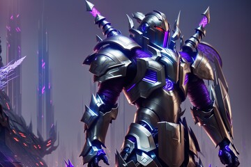 futuristic cyber knight with flaming plume with arm blades, rigid bulky armor,
