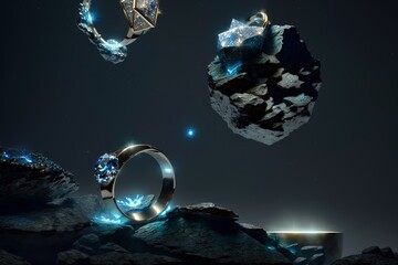 a silver meteorite and quartz magical ring glowing , digital concept art