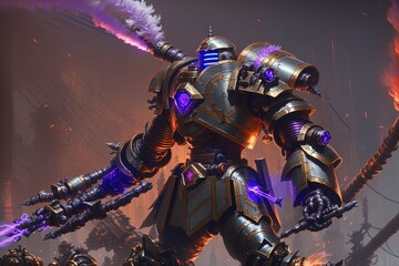 dieselpunk cyber knight with flowing flaming plume with machine gun arms, rigid bulky armor - obrazy, fototapety, plakaty