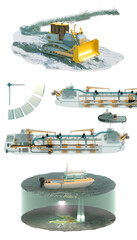 A set of images isolated on white. Shore protection, dredger leasing and bathymetry. 3d rendering