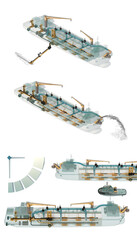 A set of images of a dredger in the process of soil sampling, rainbowing, as well as an illustration of the lease of these vessels. Isolated on white. 3d rendering © La Nataly