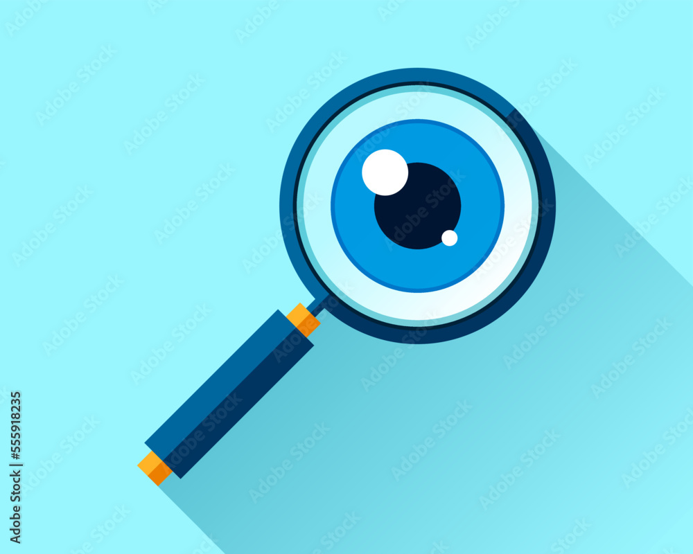 Poster search loupe icon in flat style, magnifying glass on color background. zoom tool. eye in magnifier. 