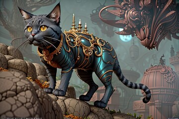 Fototapeta na wymiar a cat that is standing on a rock, fantasy art, vivid steampunk concept