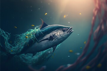 Tuna tangled in waste. Generative AI