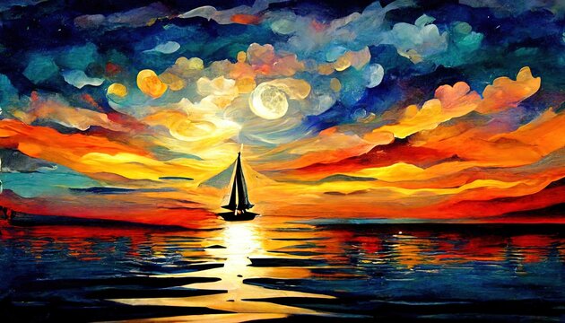 oil paint style illustration of seascape with yacht 