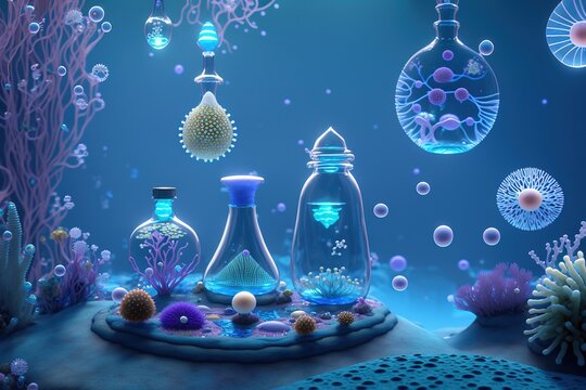 tiny potions, floating, rbc, radiolaria, protophyta, micro - organisms,