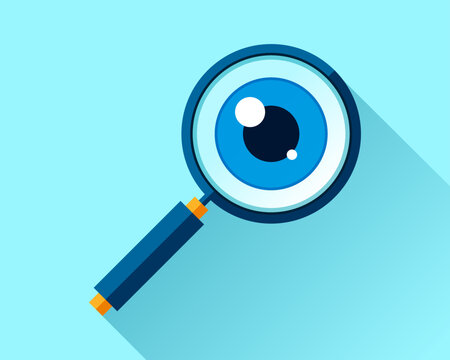 Search loupe icon in flat style, magnifying glass on color background. Zoom tool. Eye in magnifier. Vector design object for you project 