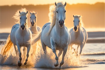 stunning camargue horses are rushing along the beach early in the morning as the sun rises behind them. , emotional photo horses, horse in sunset, front view, Generative AI
