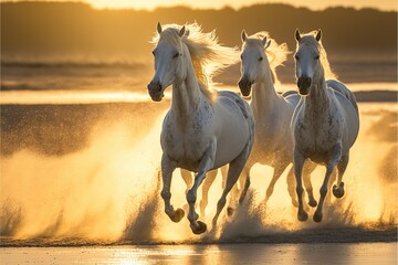 amazing camargue horses are running in the seaside in morning illuminated by the rays of the sun rising behind them, emotional photo, horse in sunset, Generative AI