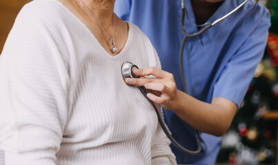 Homecare nursing service and elderly people cardiology healthcare. Close up of young hispanic...