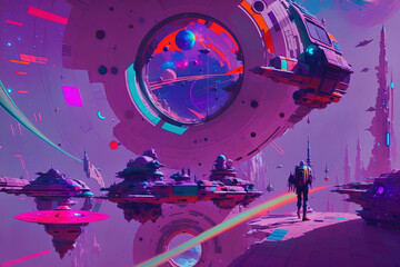  travelling through space time portal with bright colours