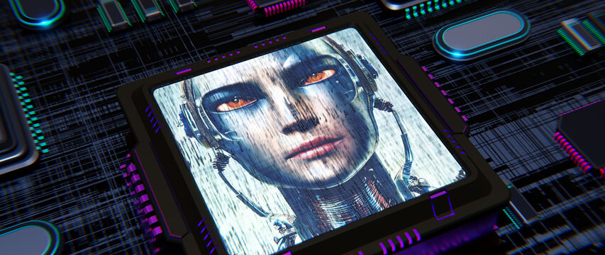 Ein Chat Bot. Cyborg Gesicht auf einem Computerchip -  chatGPT - Technologie der Zukunft - Ki Technologie, intelligenter Roboter Ai Chat GPT Anwendungssoftware