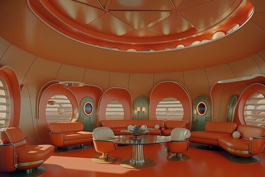 a 1970s interior room googie architecture, highly detailed hyper real retro interior house, round windows, curved ceilings