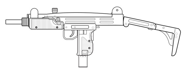 Vector illustration of the UZI israel machine gun with unfolded stock on the white background. Left side. - obrazy, fototapety, plakaty