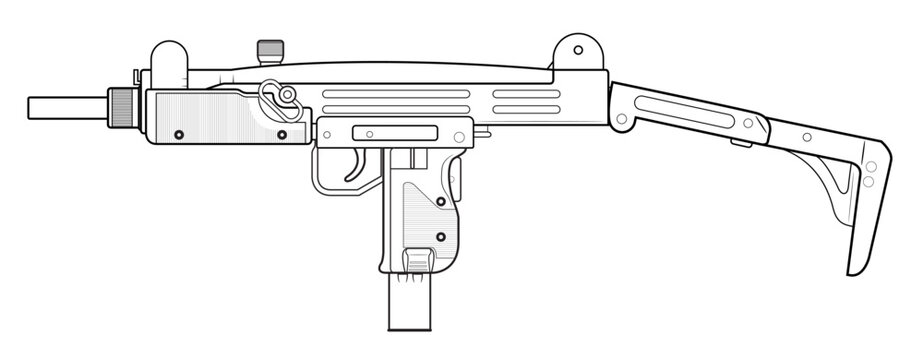 Vector illustration of the UZI israel machine gun with unfolded stock on the white background. Left side.