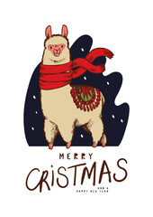 Christmas Lama in scarf in the wind. Merry Christmas cute pet typography card.