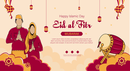 Vector illustration of Eid al-Fitr template with illustration of people and drum