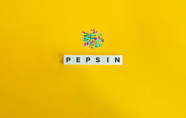 Pepsin Macromolecule and Banner. Letter Tiles on Yellow Background. Minimal Aesthetics.