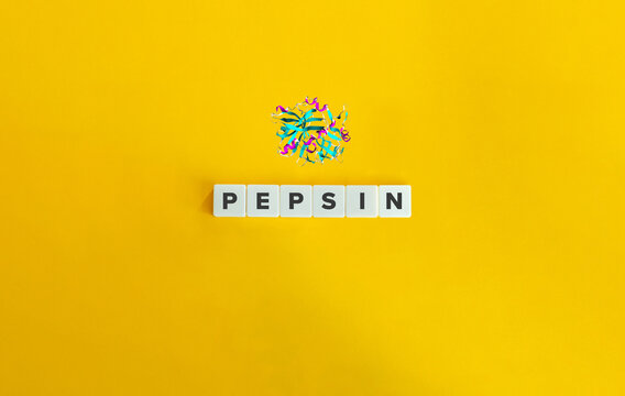 Pepsin Macromolecule and Banner. Letter Tiles on Yellow Background. Minimal Aesthetics.