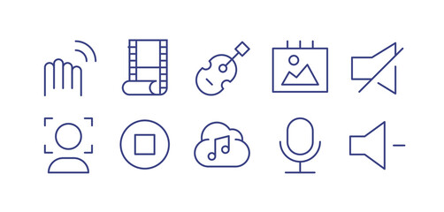 Multimedia line icon set. Editable stroke. Vector illustration. Containing anti shake, movie, guitar, photo album, volume mute, selfie, stop circle, cloud computing, microphone, volume down.