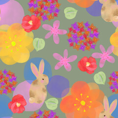 Watercolor seamless pattern with cute rabbits and leaves. asian oriental flower ornament Hand-drawn adorable, branch, plants. Springtime background
