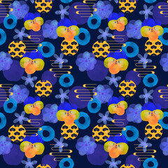 Watercolor seamless pattern with cute botanical pansy yellow navy color asian oriental flower ornament Hand-drawn adorable