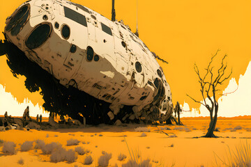 Manga style drawing of a future dystopian landscape with abandoned starship. Surreal painting storyboard. Generative AI.