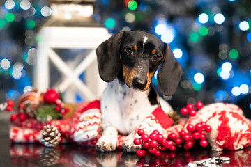  Puppy dachshund piebald color; New Year's puppy; Christmas dog; christmas dachshunds
