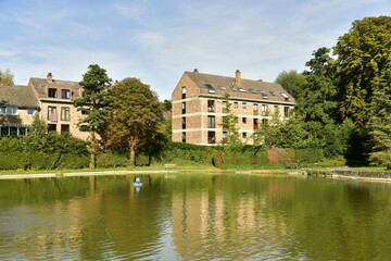 Fototapeta na wymiar Lotissement résidentiel moderne en pleine nature au bord d'un étang paisible au parc du Paradis à Braine l'Alleud en Brabant Wallon 