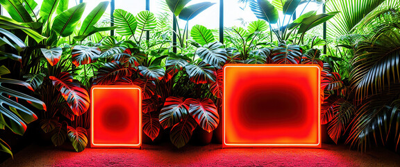Generative AI illustration with red neon frames near lush tropical plants