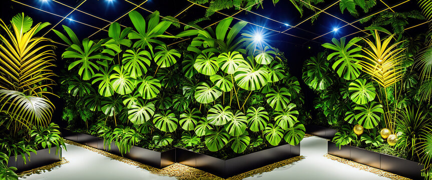 AI generated illustration with philodendron plants growing in tropical resort