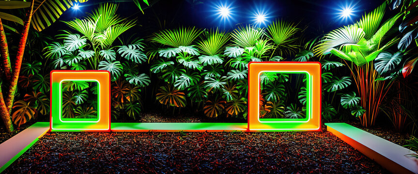 AI generated picture with neon frames and exotic plants