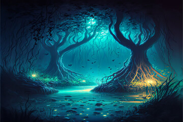 Fantasy old forest. Concept art of magical ancient worlds. Big trees, surreal atmosphere. Mystery landscape. Cartoon artwork with beautiful fantastic plants. Magical world. Video game digital painting