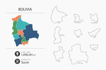 Map of Bolivia with detailed country map. Map elements of cities, total areas and capital.