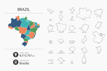 Fototapeta premium Map of Brazil with detailed country map. Map elements of cities, total areas and capital.