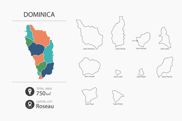 Map of Dominica with detailed country map. Map elements of cities, total areas and capital.