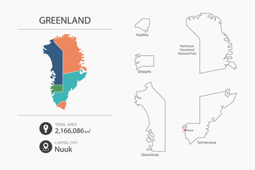Map of Greenland with detailed country map. Map elements of cities, total areas and capital.
