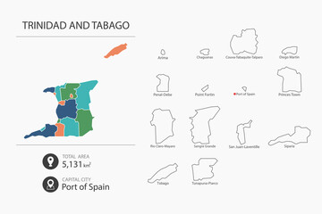 Map of Trinidad and Tabago with detailed country map. Map elements of cities, total areas and capital.