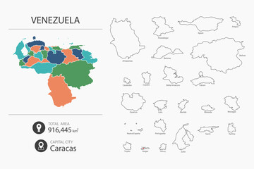 Fototapeta premium Map of Venezuela with detailed country map. Map elements of cities, total areas and capital.