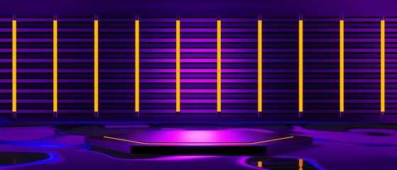 abstract backgound video game of esports scifi gaming cyberpunk, vr virtual reality simulation and metaverse, scene stand pedestal stage, 3d illustration rendering, futuristic neon glow room