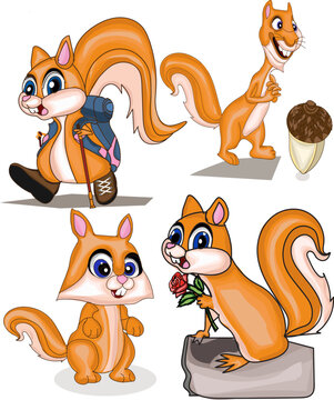 Cute Squirrel Character with Bushy Tail and different activity look vector illustration set