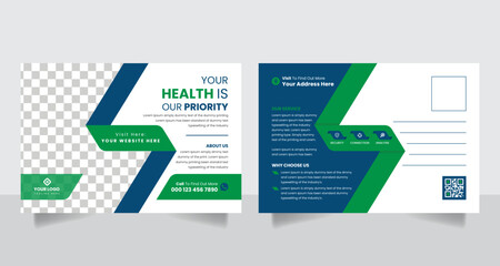 Professional green blue health medical business postcard design vector