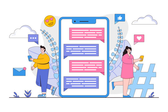 Flat chat and messages with people characters concept. Outline design style minimal vector illustration for landing page, web banner, infographics, hero images