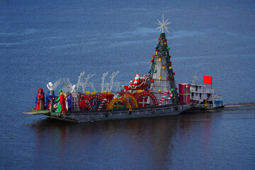 Iron Amazon ship full of Christmas decorations with figures of Nativity and Jesus, huge Christmas...