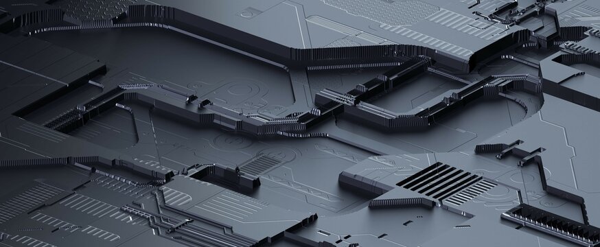 Metal electronic circuit board background. Chrome plated futuristic motherboard with 3d render circuits to house processors and capacitors with textured design