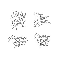 Happy New year lettering text for greeting card, Happy new year 2023, banner, invitation, neon, poster, flyers, marketing, emblem or logo design, continuous line drawing, isolated vector illustration.