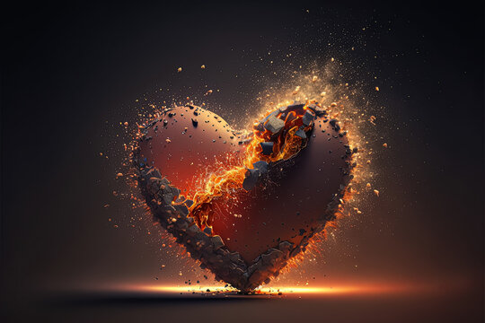 Broken hearth. 3D render of a hearth exploding. End of love story. Sad illustration. Depressing emotion. Hearth of stone exploding. End of a couple. Romance relationship. Sad ending. Hurt and crash.