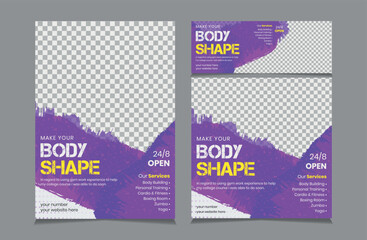 Set of Flyer Instagram Post and Facebook Cover template for Gym and fitness business, Banner Template Design for fitness, square post and cover banner vector eps 10