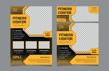 Set of Flyer Instagram Post and Facebook Cover template for Gym and fitness business, Banner Template Design for fitness, square post and cover banner vector eps 10