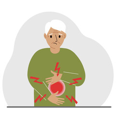 A problem with the intestines, stomach or a bolt in the abdomen. A man holds his hands on his stomach near the place of pain.